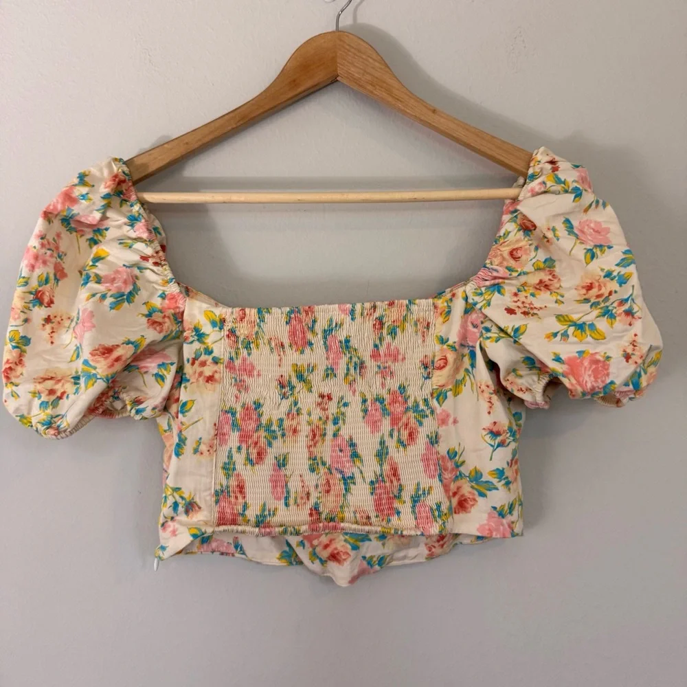 Zara Cream and Floral Puff Sleeve Corset Sweetheart Neck Crop Top